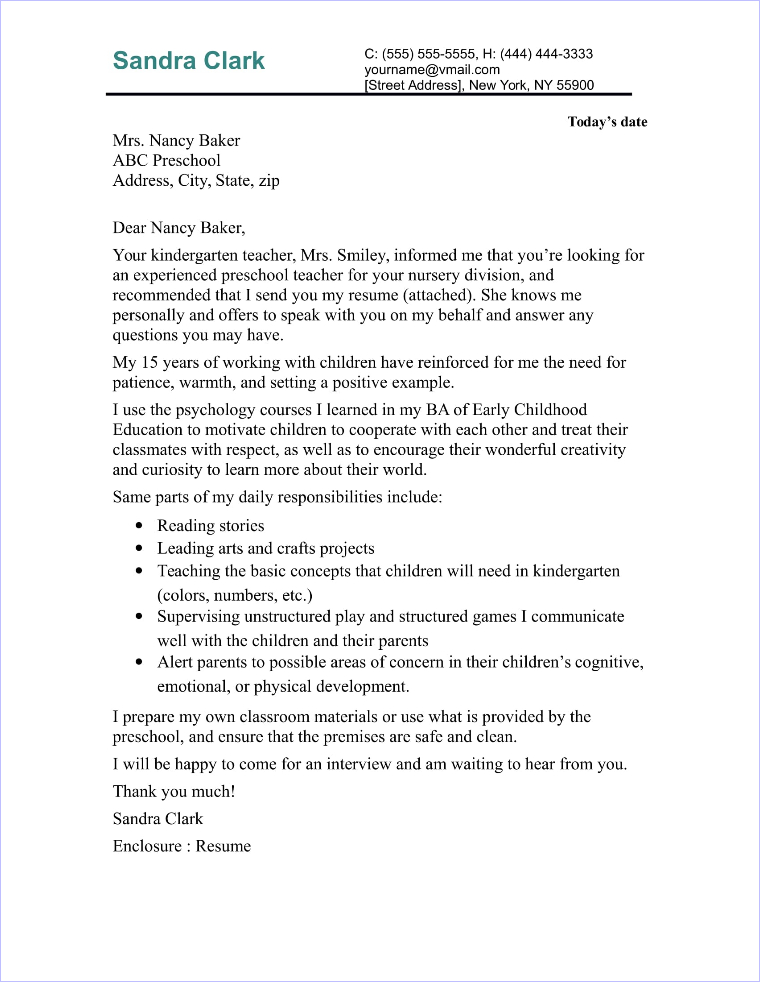 preschool lead teacher cover letter