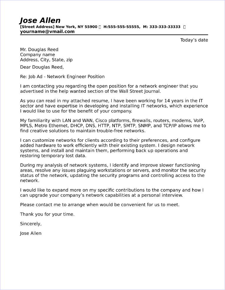 cover letter for network engineer