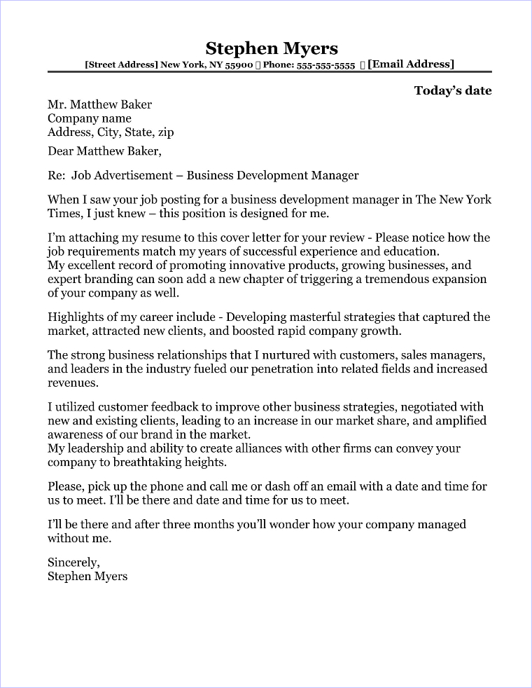 example of a cover letter for a business development job