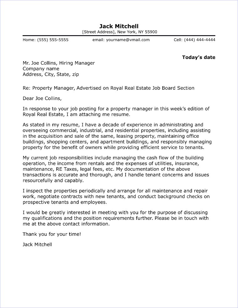 Property Manager Cover Letter Sample
