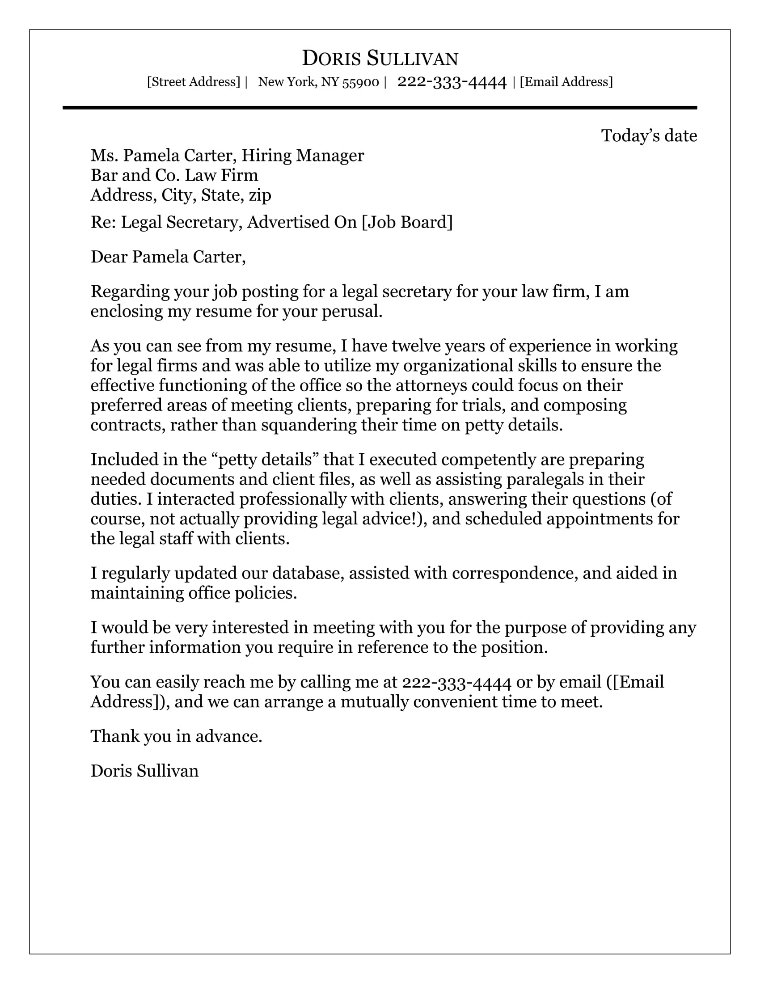 Legal Secretary Cover Letter Sample