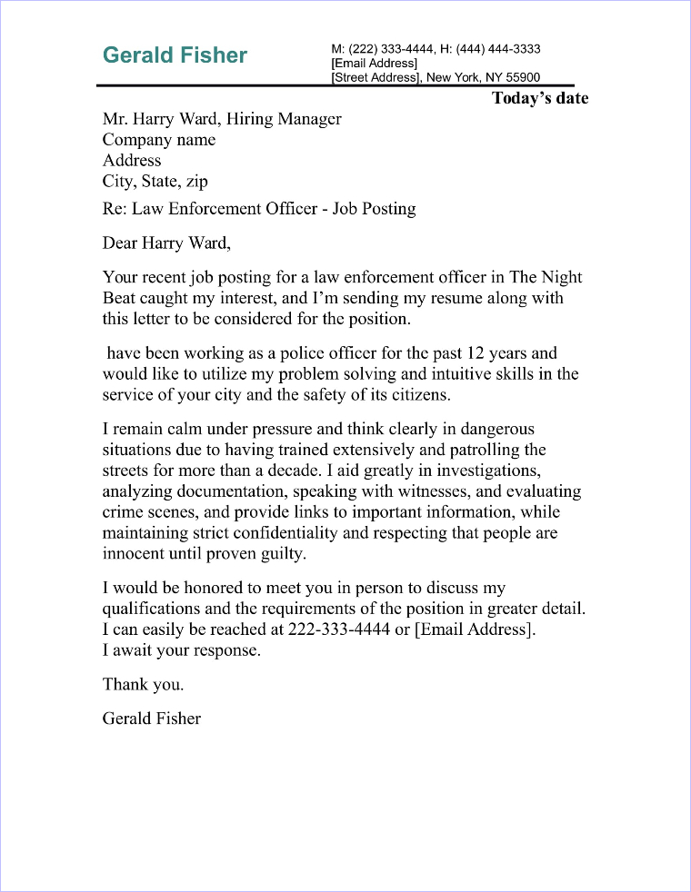 sample of job application letter for police officer