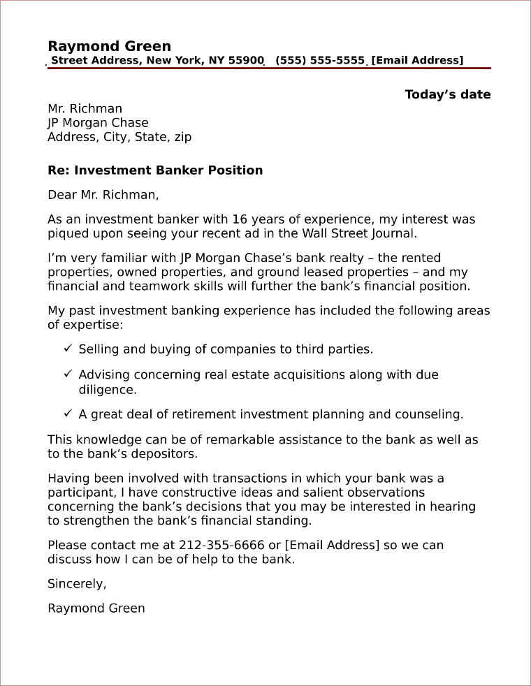 cover letter investment banking m&a