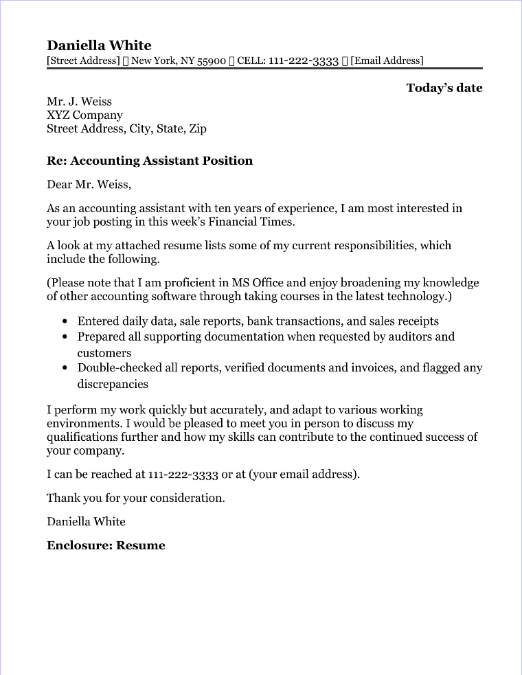 cover letter for the position of accounts assistant