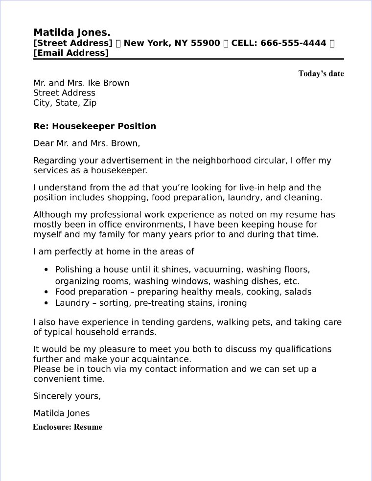 simple cover letter for housekeeper job