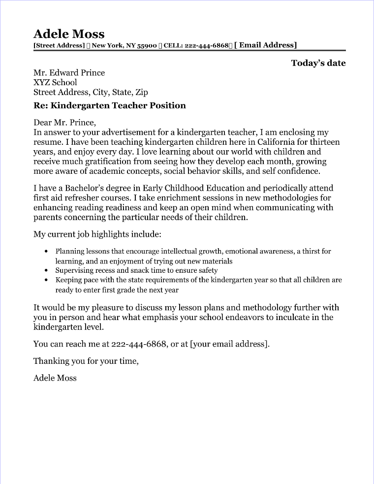 Cover Letter Kindergarten Teacher Free Kindergarten Teacher Cover 