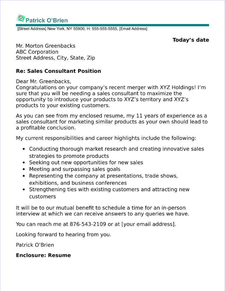 cover letter to sales
