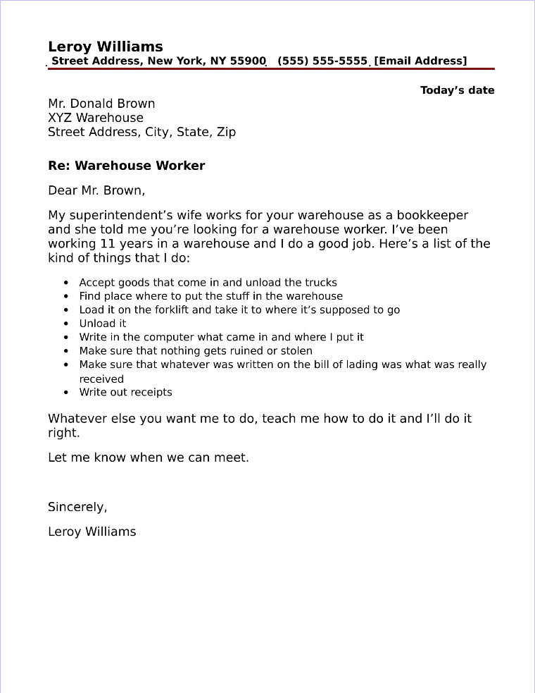 sample cover letter for warehouse worker