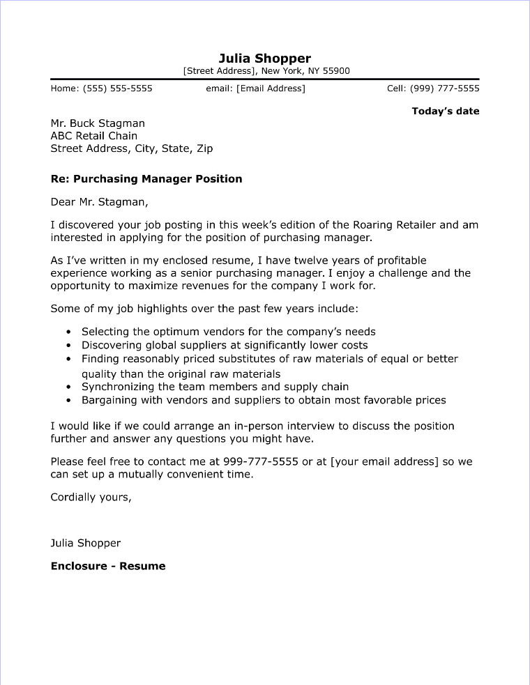 purchase manager cover letter