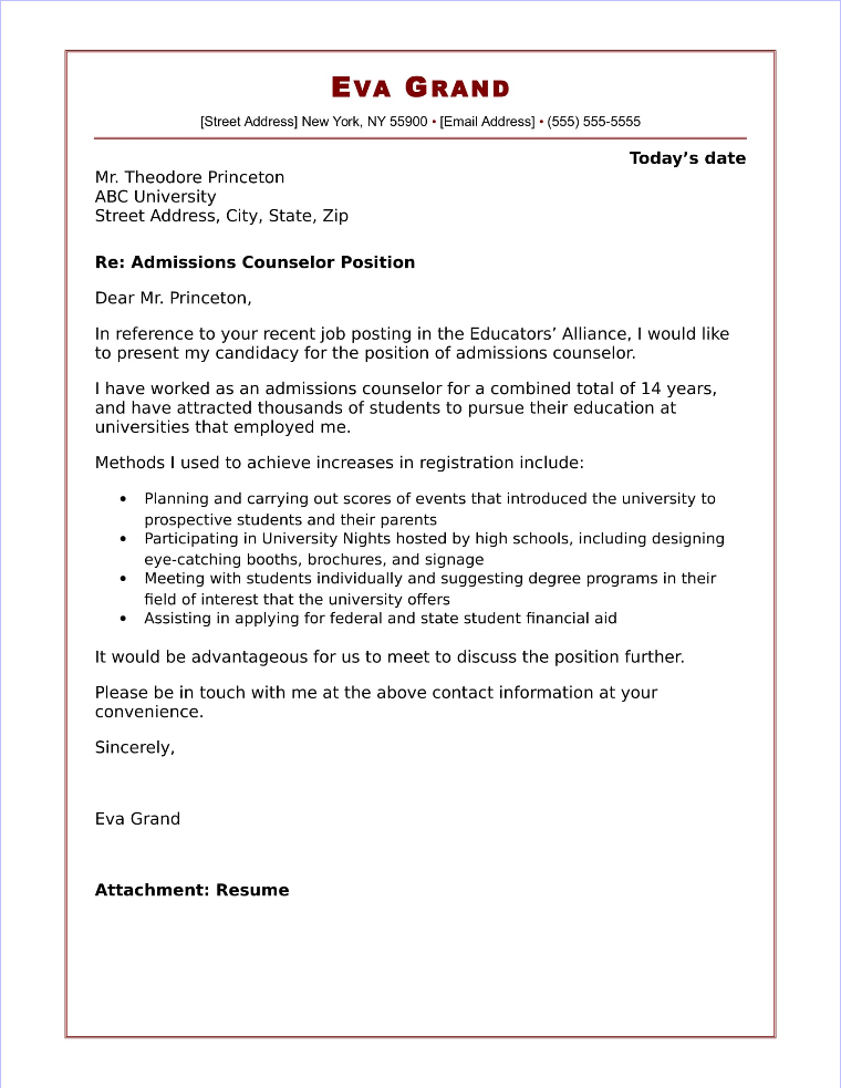 sample of cover letter for school admission
