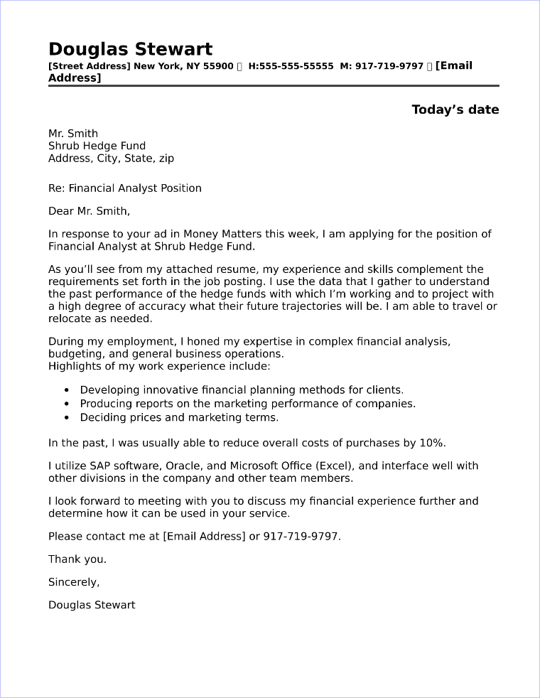 cover letter finance analyst