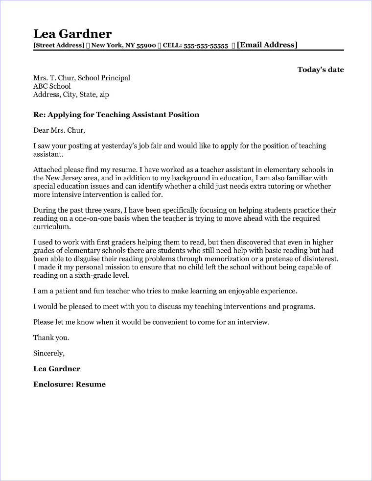 cover letter for teacher assistant sample