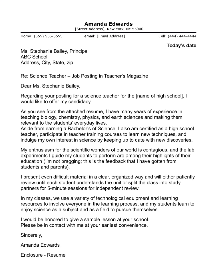 Science Teacher Cover Letter With Experience - Plancha