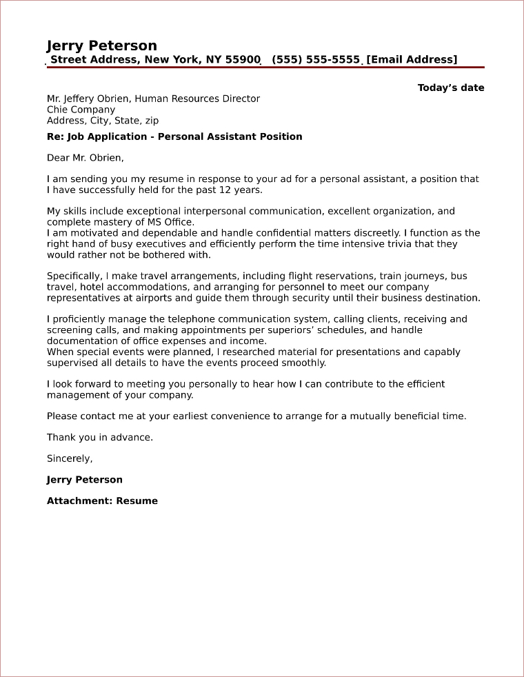 cover letter template for personal assistant