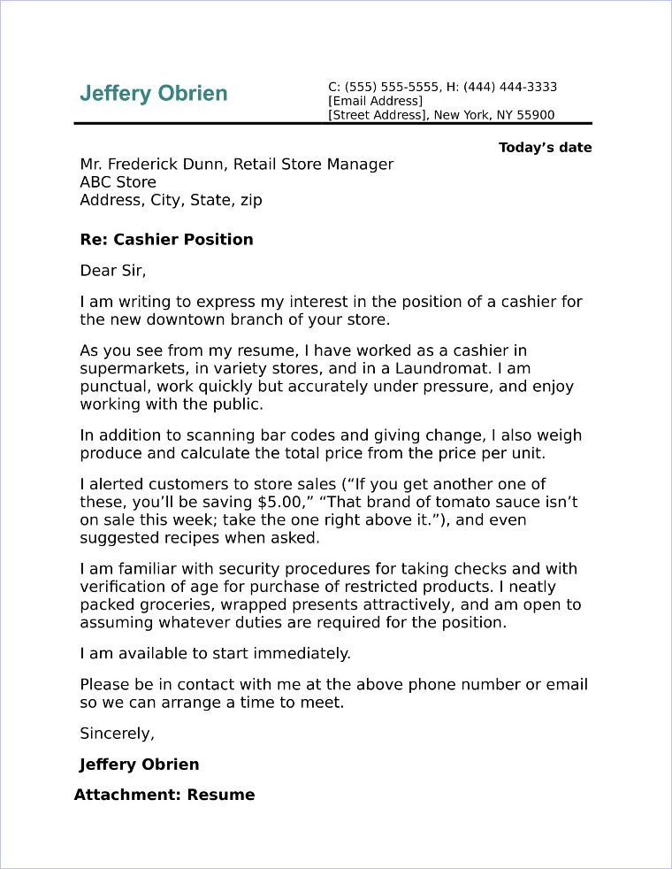 email cover letter for cashier job