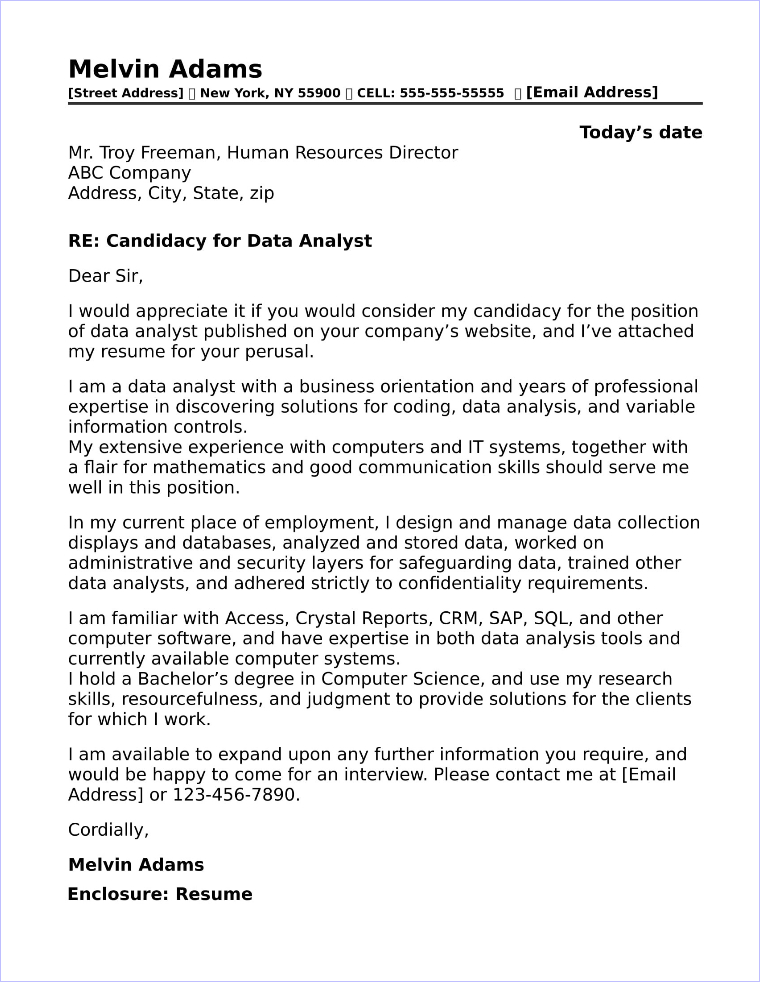 cover letter for data analyst samples