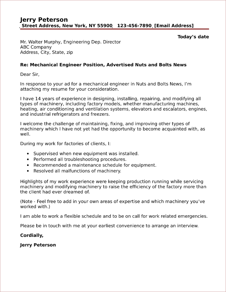 cover letter for job application mechanical engineer