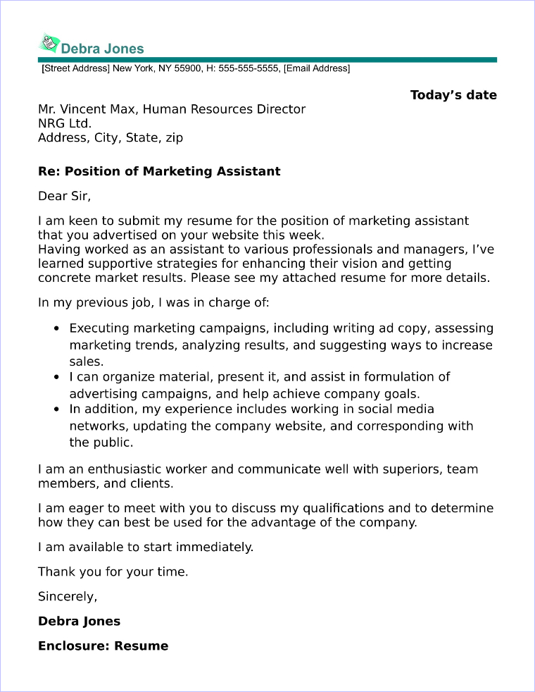 cover letter examples for marketing assistant