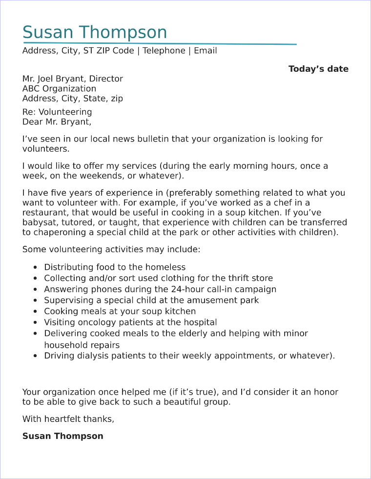 cover letter template for volunteering