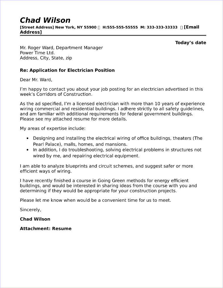 Electrician Cover Letter Examples