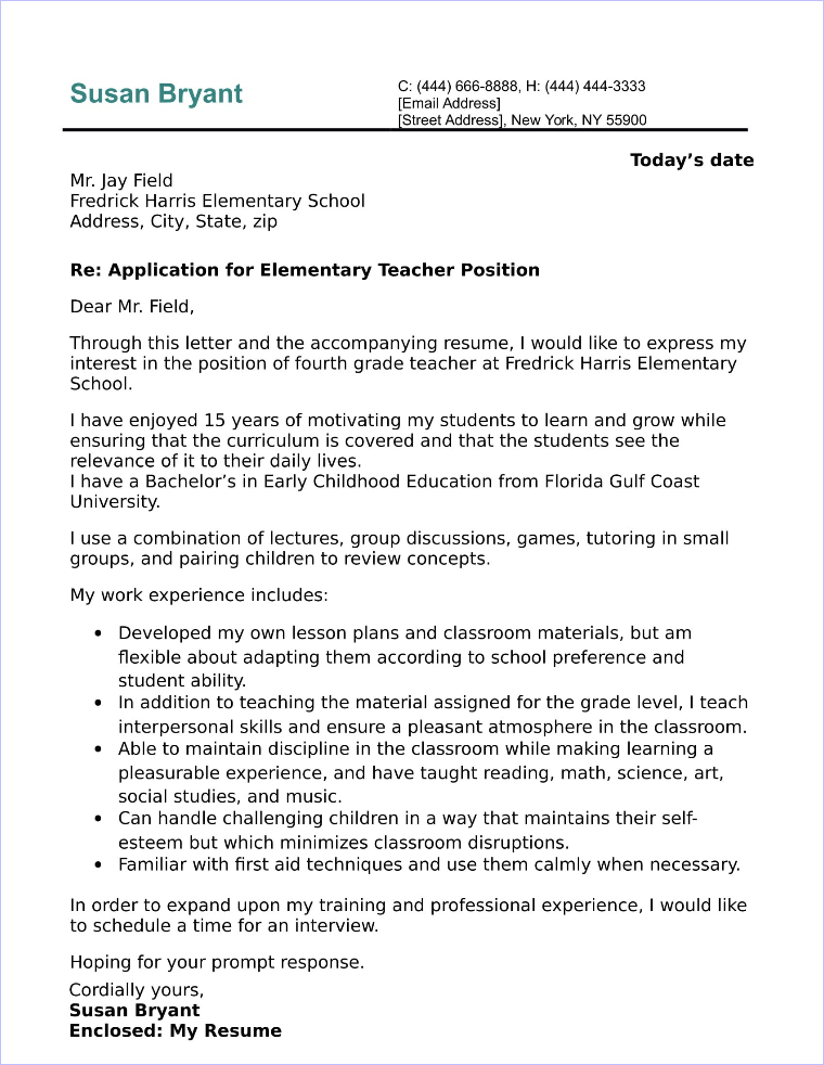 cover letter elementary teaching position