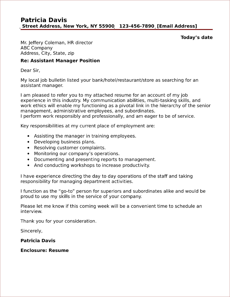 cover letter sample for managerial position