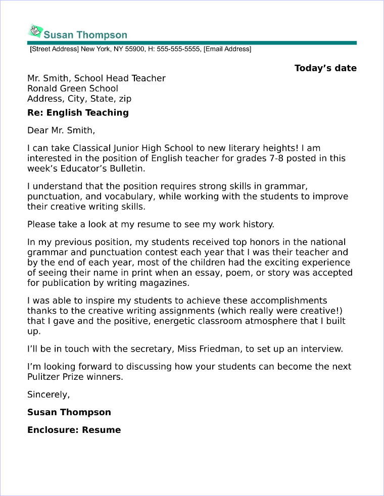 cover letter examples for teachers