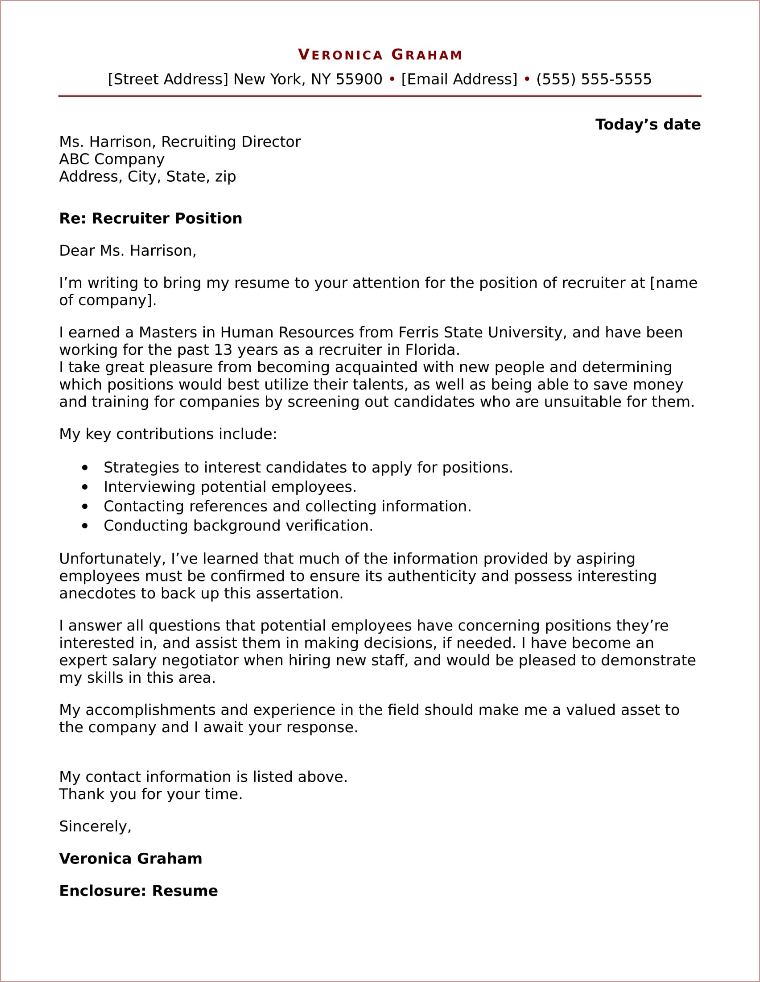 sample cover letter for a recruiter position