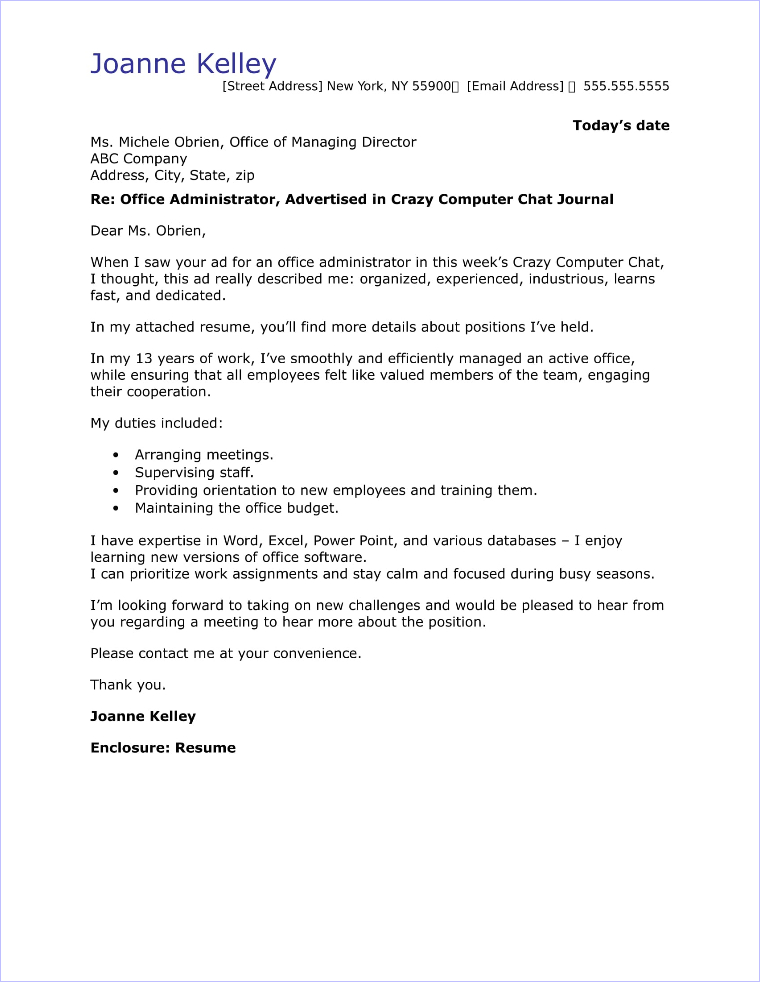 cover letter for administration job