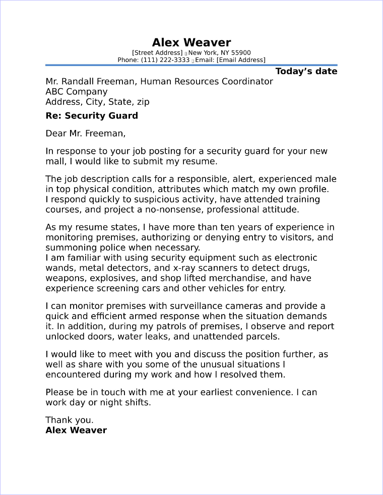 sample application letter for security guard with no experience