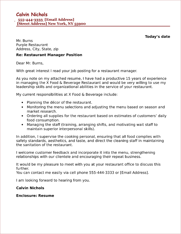 application letter for applying job in restaurant