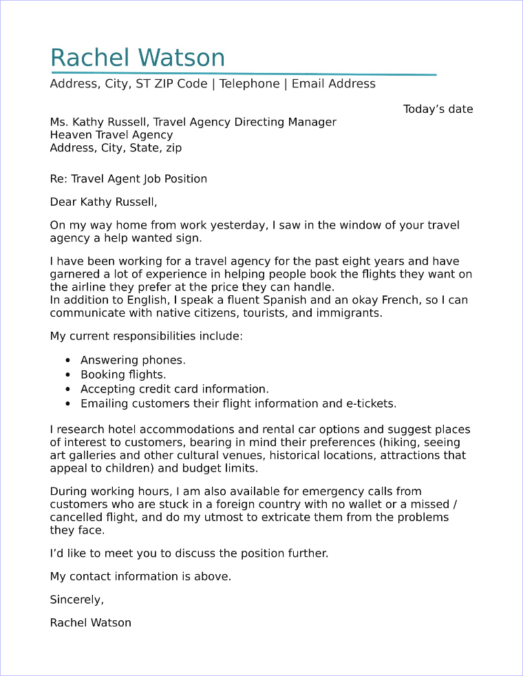 travel agency application letter
