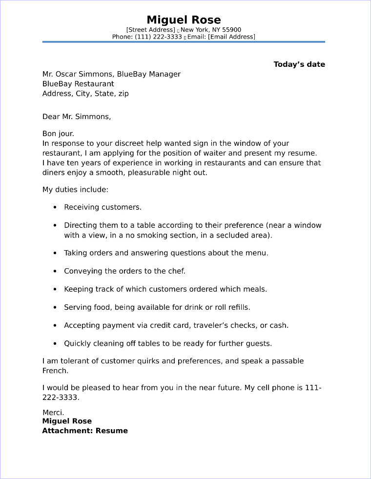 job application letter for a waiter