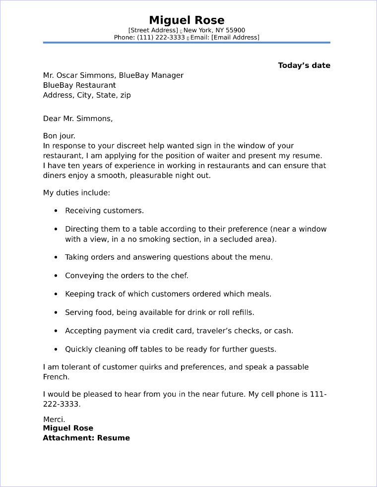 Waitress Cover Letter Sample